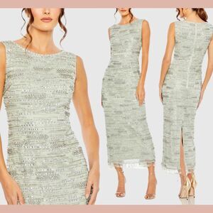 Mac Duggal Silver Embellished Midi Dress